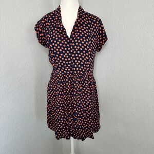 Navy Blue and Orange Polka‎ Dot Shirt Dress Cute Casual Women's Dress